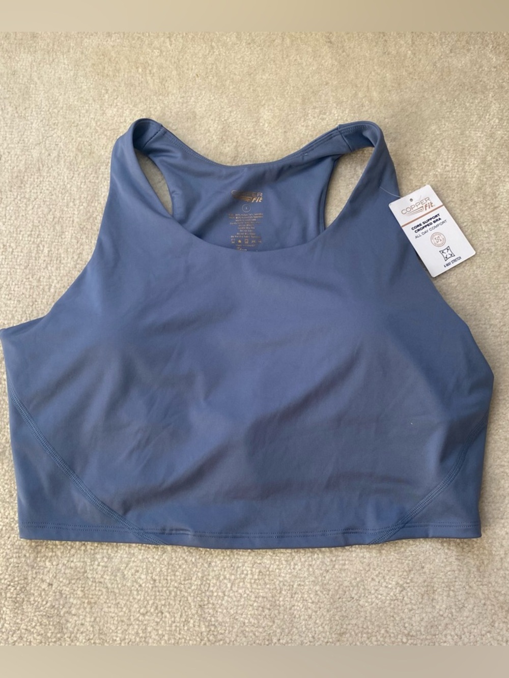 Copper Fit Blue Core Support Cropped Bra Large New With Tags